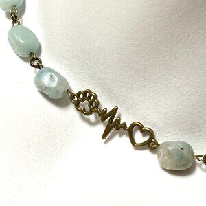 Genuine Light Teal Amazonite Necklace, Bronze Paw Print Heart Beat + Gemstone